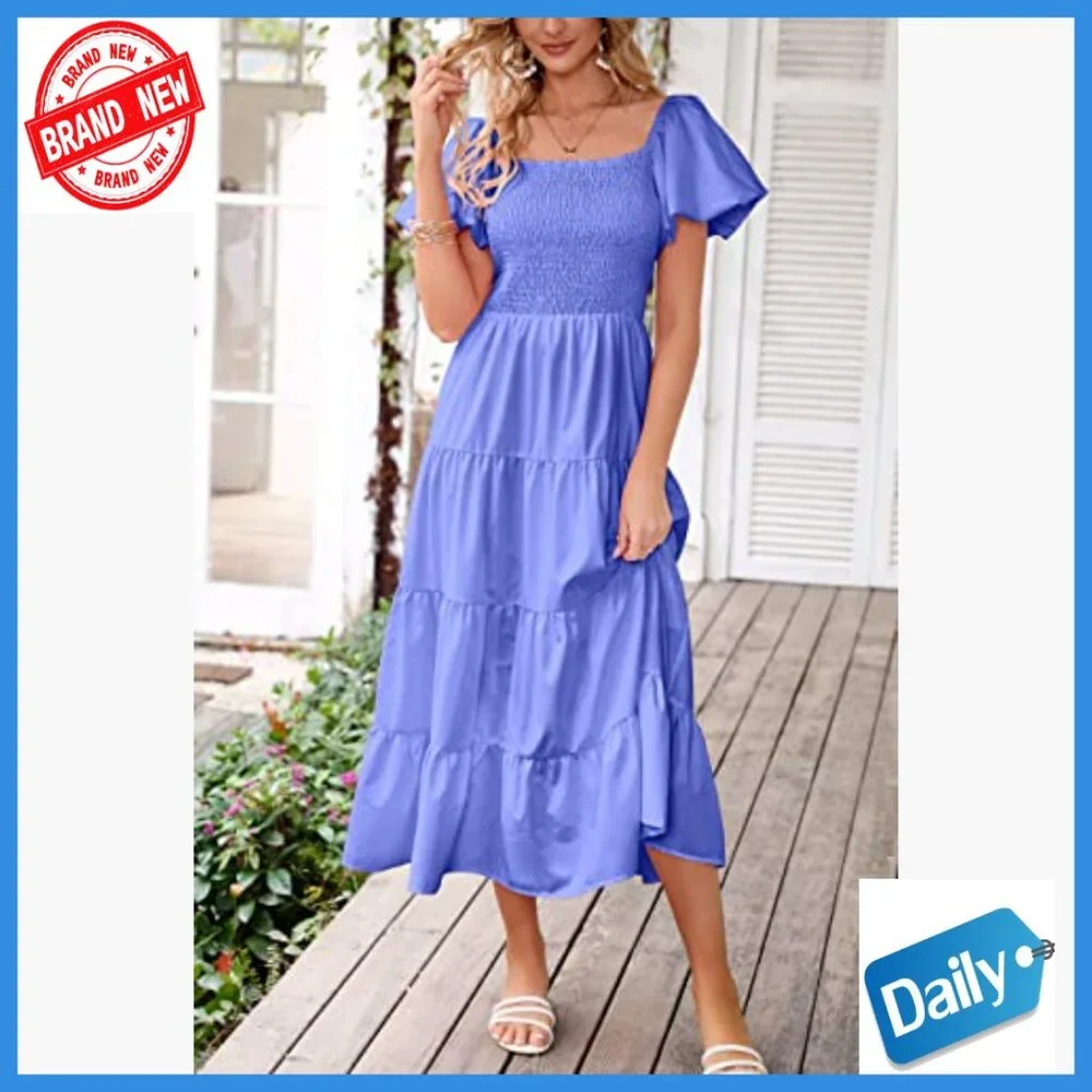 Puffy Sleeve Square Neck Smocked Midi Dress Tiered Ruffle Summer Casual - Picture 5 of 7
